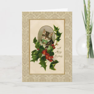 Christmas Holly Cat Vintage Reproduction Card