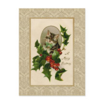 Christmas Holly Cat Vintage Reproduction Postcard