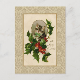 Christmas Holly Cat Vintage Reproduction Postcard