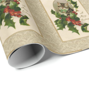 Christmas Holly Cat Vintage Reproduction Wrapping Paper