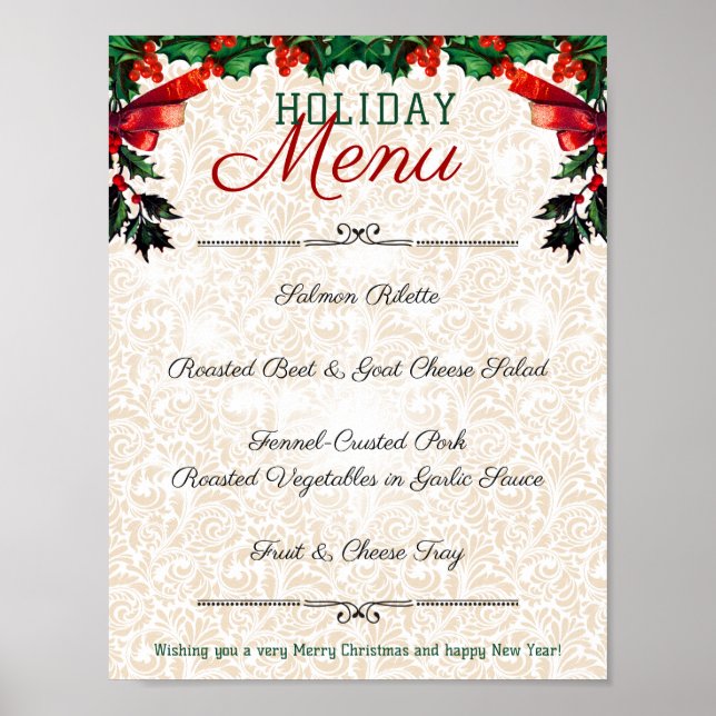 Christmas holly chef catering dinner party menu poster (Front)
