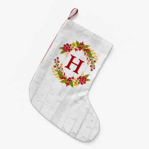 Christmas Holly Chic Berries Wreath Monogram Small Christmas Stocking