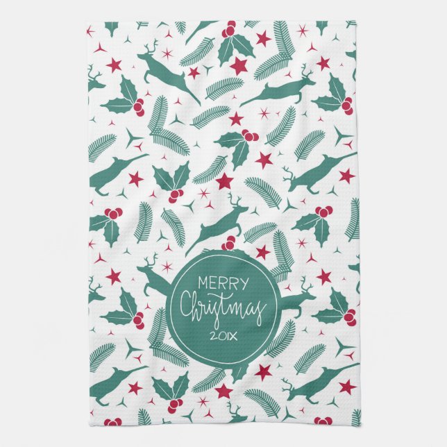 Christmas holly & Christmas deer pattern Tea Towel (Vertical)