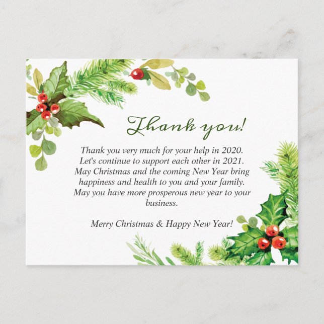 Christmas Holly Corporate Holiday Thank You Card (Front)