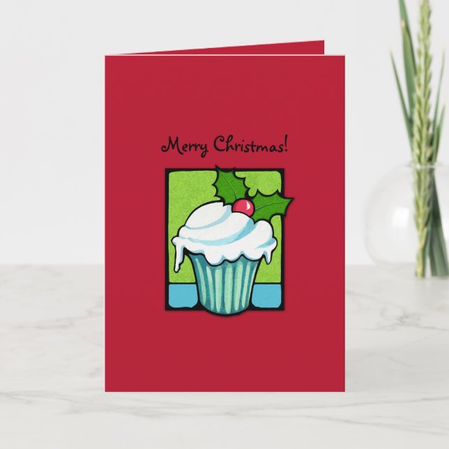 Christmas Holly Cupcake red Card (Front)