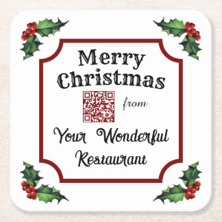 Christmas Holly Custom QR Code Restaurant Square Paper Coaster