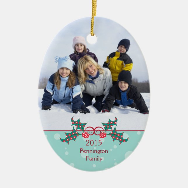 Christmas holly customisable family photo ornament (Front)
