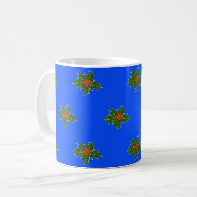 Christmas Holly decorative pattern on blue   Coffee Mug (Front Left)