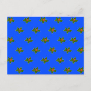 Christmas Holly decorative pattern on blue Postcard