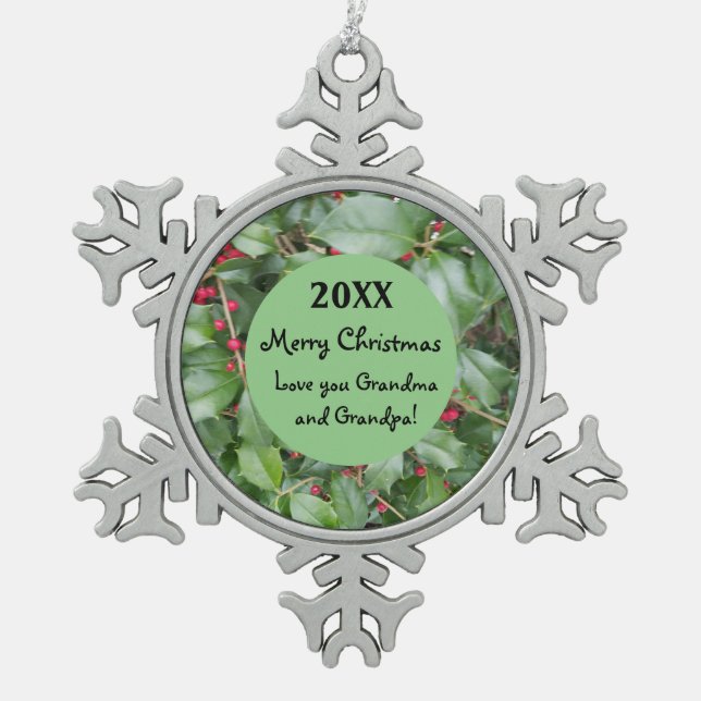 Christmas Holly Family Snowflake Pewter Christmas Ornament (Front)