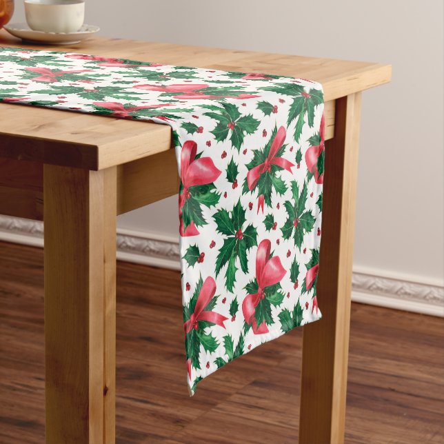 Christmas Holly Festive Floral Red Green Pattern Short Table Runner (In Situ)