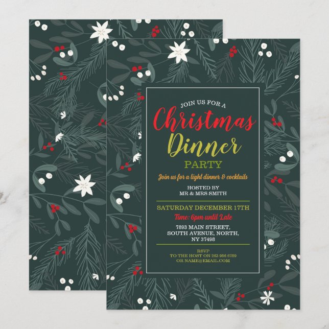 Christmas Holly Festive Party Leaves Invitation (Front/Back)