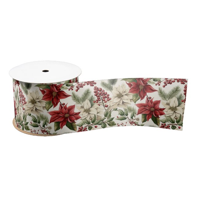 Christmas Holly Flowers Satin Ribbon (Spool)