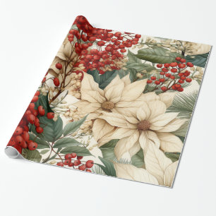 Christmas Holly Flowers Wrapping Paper