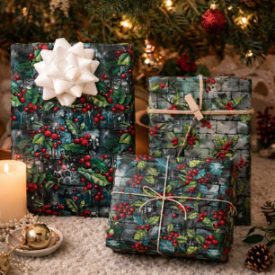 Christmas Holly Graffiti Wrapping Paper Sheet