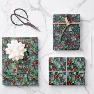 Christmas Holly Graffiti Wrapping Paper Sheet