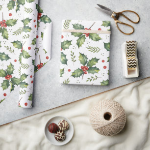 Christmas holly green leaves red pattern wrapping paper
