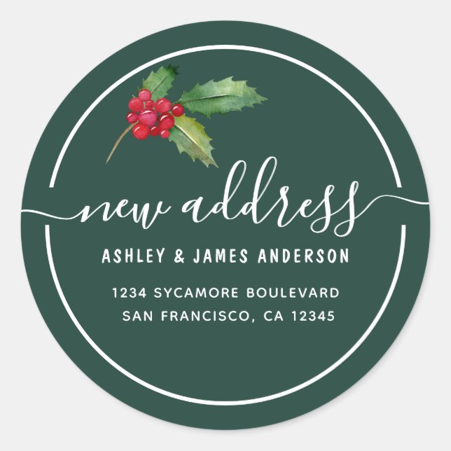 Christmas Holly Green New Address Holiday Classic Round Sticker (Front)