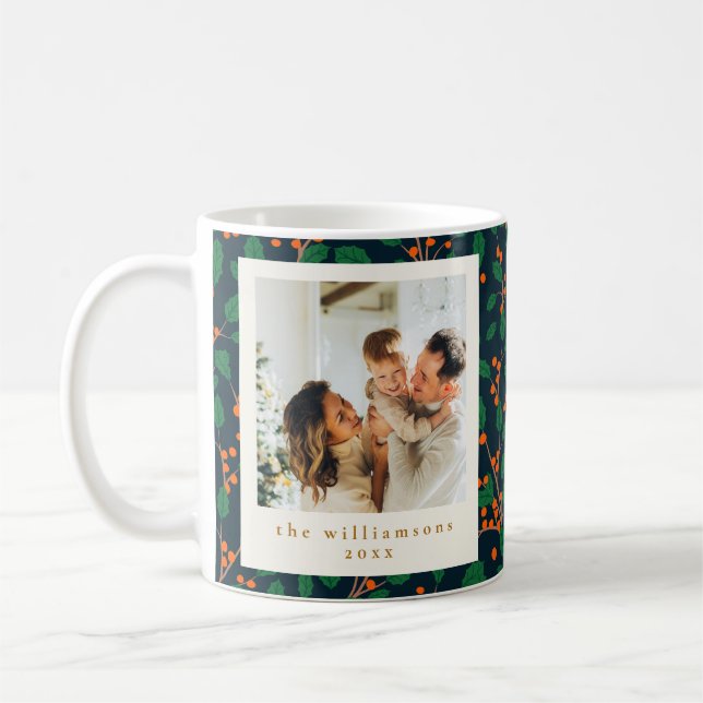 Christmas Holly Greenery Two Vertical Photos Navy Coffee Mug (Left)