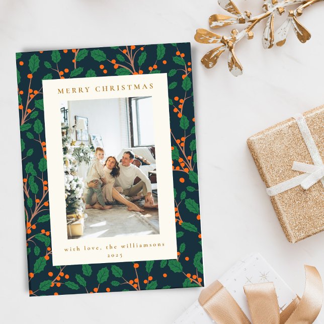 Christmas Holly Greenery Two Vertical Photos Navy Holiday Card (Creator Uploaded)