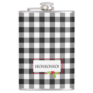 Christmas Holly Ho Ho Ho Buffalo Plaid Fun Hip Flask