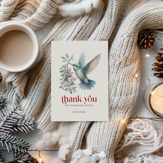 Christmas Holly Hummingbird Thank You Typography Card (Creator Uploaded)