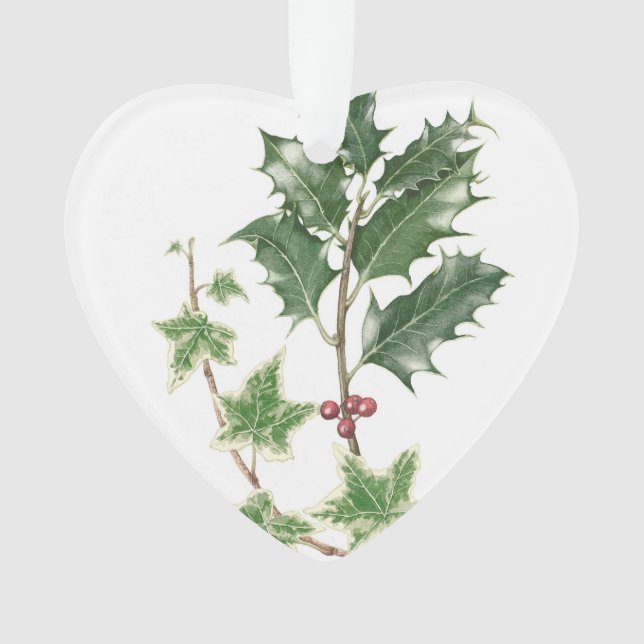 Christmas Holly & Ivy Botanical Heart Ornament (Front)