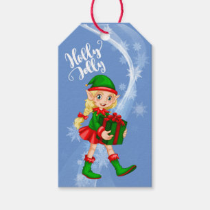 Christmas Holly Jolly Elf with Present & Snow Gift Tags