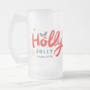 Christmas Holly Jolly Fun Winter Personalised Name Frosted Glass Beer Mug