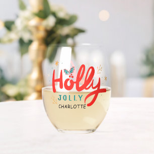 Christmas Holly Jolly Fun Winter Personalised Name Stemless Wine Glass