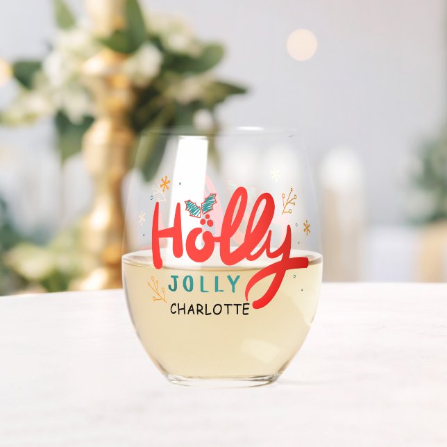 Christmas Holly Jolly Fun Winter Personalised Name Stemless Wine Glass (Insitu (Wedding))