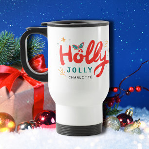 Christmas Holly Jolly Fun Winter Personalised Name Travel Mug