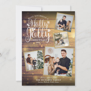 Christmas Holly Jolly Photo Collage Rustic Wood Holiday Card