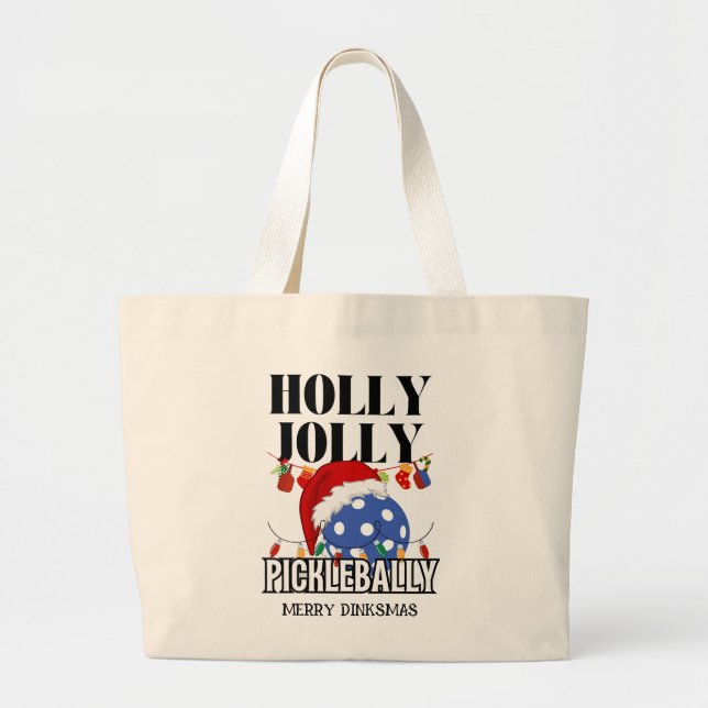 Christmas HOLLY JOLLY PICKLEBALLY Large Tote Bag (Front)