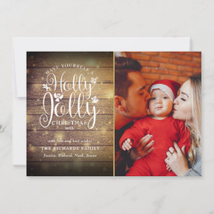 Christmas Holly Jolly Script Rustic Wood Photo Holiday Card