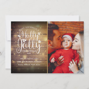 Christmas Holly Jolly Script Rustic Wood Photo Holiday Card