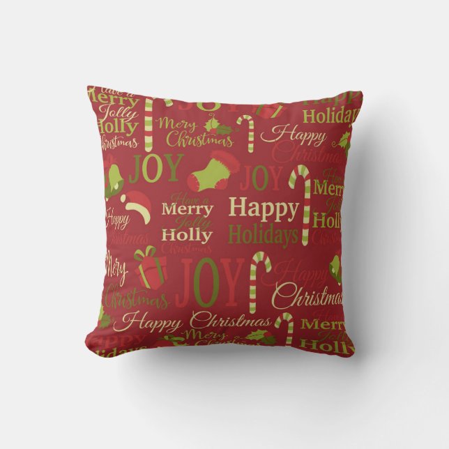 Christmas holly joy merry pattern cushion (Front)
