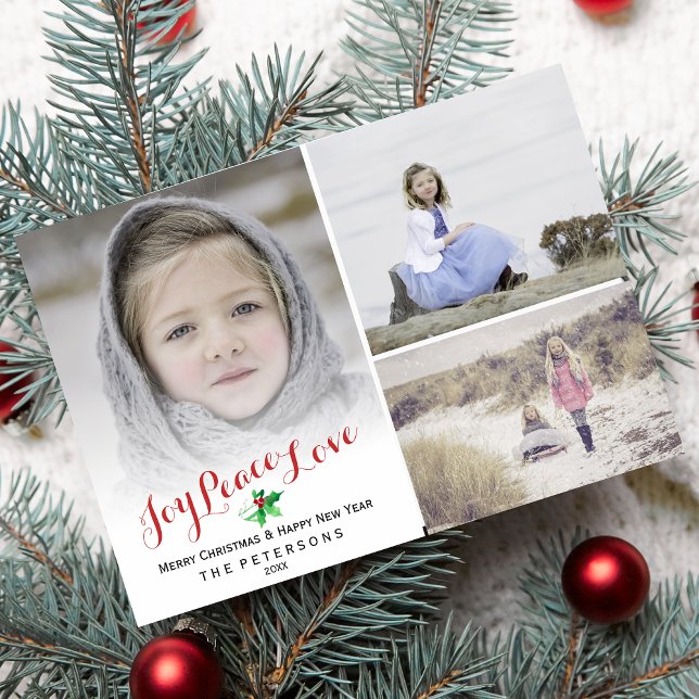 Christmas Holly Joy Peace Love Photo Collage Holiday Card (Creator Uploaded)