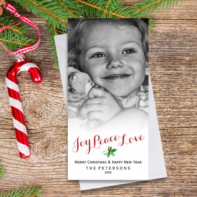 Christmas Holly Joy Peace Love Script Custom Photo Holiday Card (Creator Uploaded)