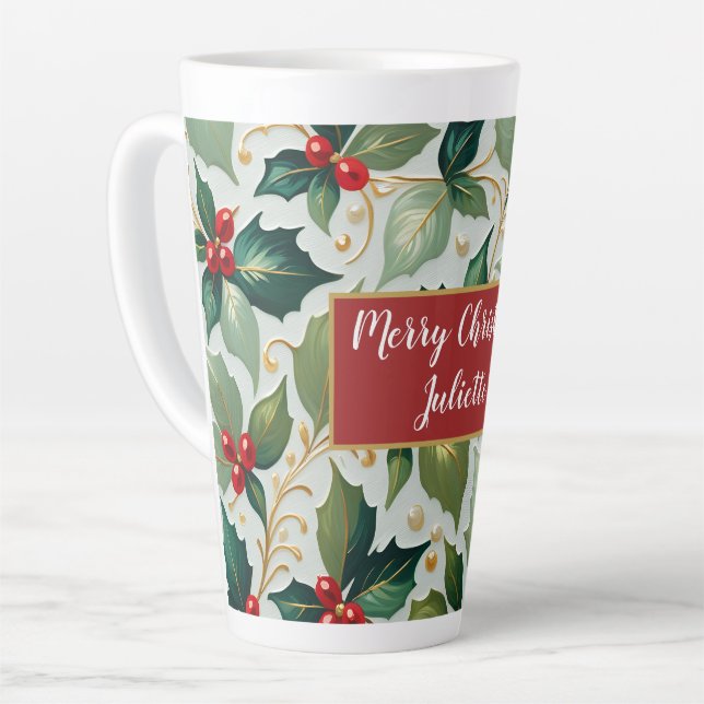 Christmas Holly Latte Mug (Left Angle)