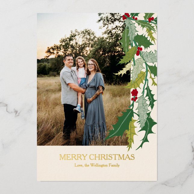 Christmas Holly Leaves and Berries Foil Photo Card (Front)