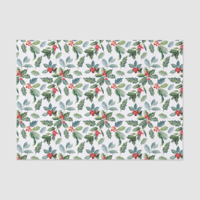 Christmas Holly Leaves and Berries on White Tissue Paper (Front)