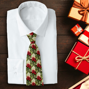 Christmas Holly Leaves and Berries Pattern Tie