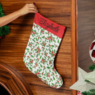 Christmas holly leaves and berries red and green large christmas stocking
