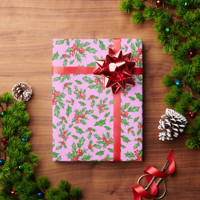 Christmas holly leaves and berries red and green wrapping paper (Holiday Gift)