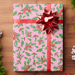 Christmas holly leaves and berries red and green wrapping paper