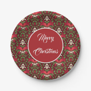Christmas Holly Leaves and Berries with Red Bow Paper Plate