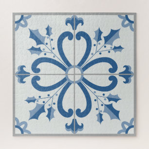 Christmas holly leaves and flowers petals tiles jigsaw puzzle