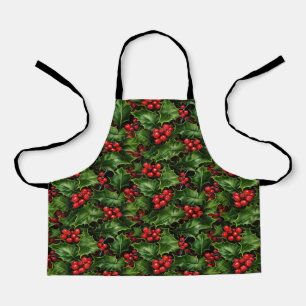 Christmas Holly Leaves And Red Berries Pattern Apron