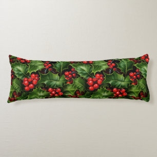 Christmas Holly Leaves And Red Berries Pattern Body Cushion